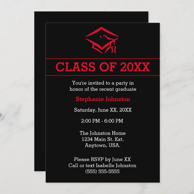 Invitation Black and Red Mortarboard Simple Graduation Party (Devant / Derrière)