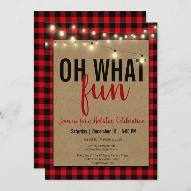 Invitation Black and Red Oh What Fun Buffalo Plaid Party (Devant / Derrière)