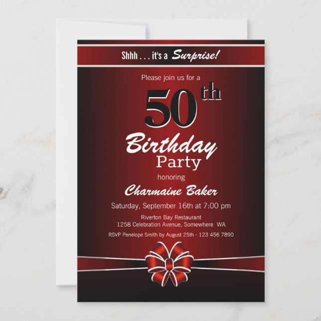Invitation Black and Red Surprise 50th Birthday Party (Devant)