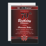 Invitation Black and Red Surprise 70th Birthday Dinner Party<br><div class="desc">Une vibrante surprise rouge et noir 70e anniversaire invitation dîner avec texte blanc et un ruban rouge et blanc et arc. Remplacez les détails de cette invitation par les vôtres pour créer l'invitation de fête d'anniversaire parfaite pour votre événement.</div>