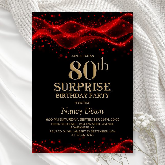 Invitation Black and Red Surprise 80th Birthday Party (Créateur téléchargé)