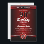 Invitation Black and Red Surprise 90th Birthday Dinner Party<br><div class="desc">Une vif surprise rouge et noir 90e anniversaire invitation dîner avec texte blanc et un ruban rouge et blanc et arc. Remplacez les détails de cette invitation par les vôtres pour créer l'invitation de fête d'anniversaire parfaite pour votre événement.</div>