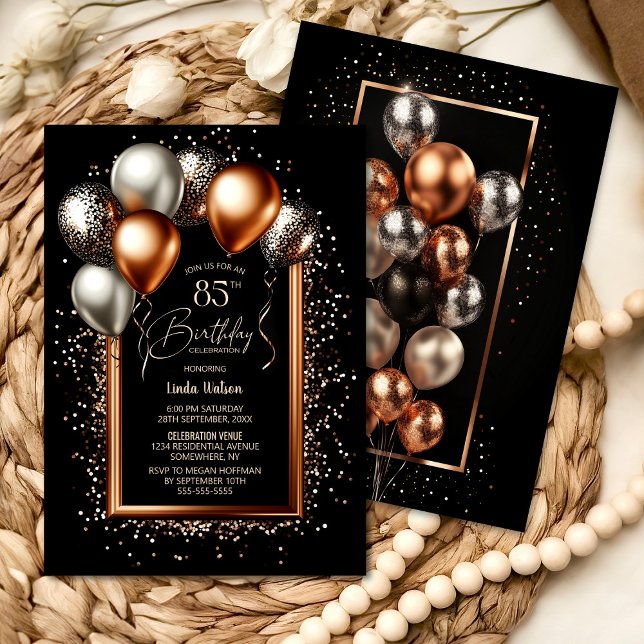 Invitation Black and Rose Gold Balloons 85e fête d'anniversai (Créateur téléchargé)