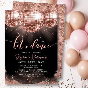 Invitation Black and Rose Gold Disco Ball 40e fête d'annivers