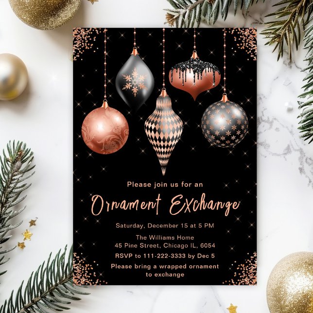 Invitation Black and Rose Gold Ornament Exchange Party (Créateur téléchargé)