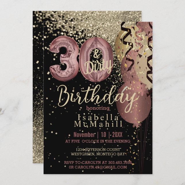 Invitation Black and Rose Gold Parties scintillant 30e et sal (Devant / Derrière)