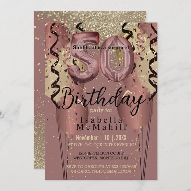 Invitation Black and Rose Gold Parties scintillant 50e annive (Devant / Derrière)