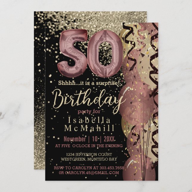 Invitation Black and Rose Gold Parties scintillant 50e annive (Devant / Derrière)