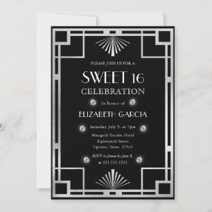 Invitation Black and Silver Art Déco Vintage Frame Sweet 16