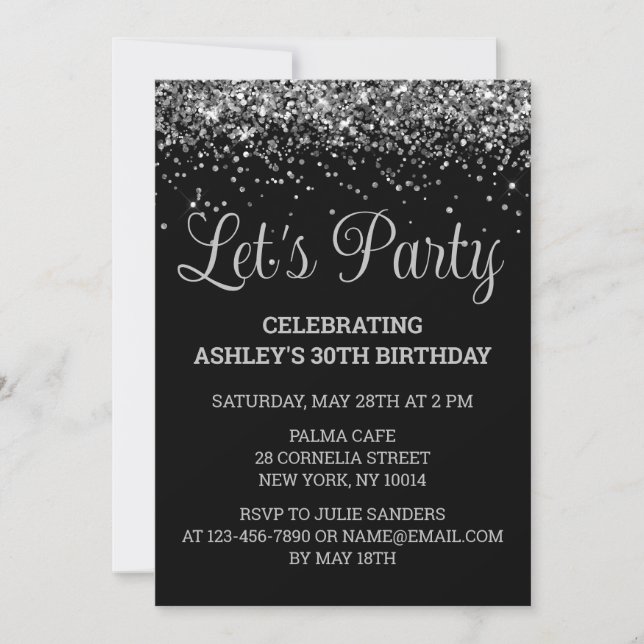 Invitation Black and Silver Glitter 30th Birthday Party 30 (Devant)