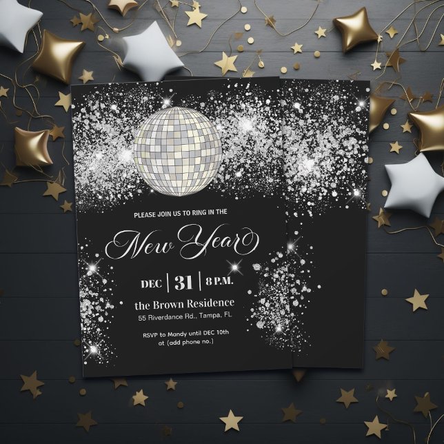 Invitation Black and Silver Glitter New Year's Eve Party  (Créateur téléchargé)