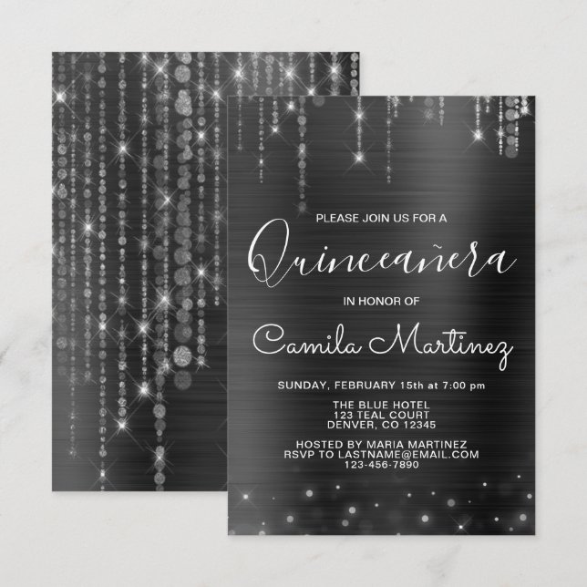 Invitation Black and Silver Modern Quinceanera Party (Devant / Derrière)