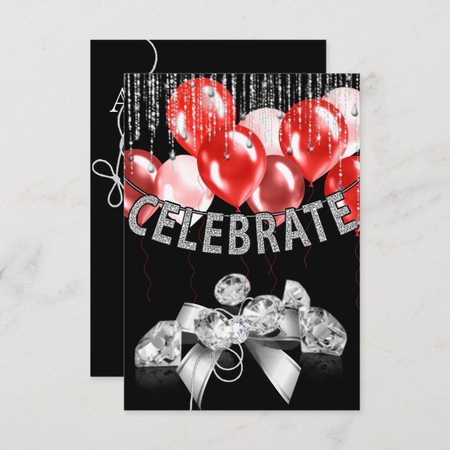 Invitation Black and Silver with red Balloons girl Party (Devant / Derrière)