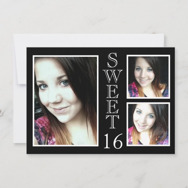 Invitation Black and White 3 Photo Sweet 16 (Devant)
