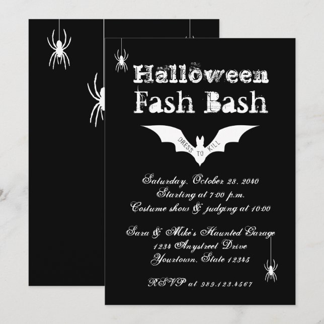 Invitation Black and White Bat Chic Crazy Halloween Party (Devant / Derrière)