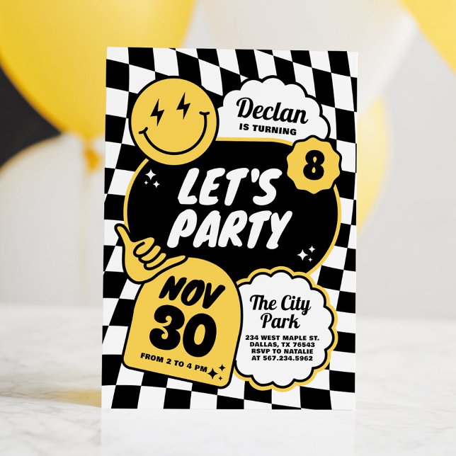 Invitation Black and White Checker Retro Smile Boy Birthday (Créateur téléchargé)