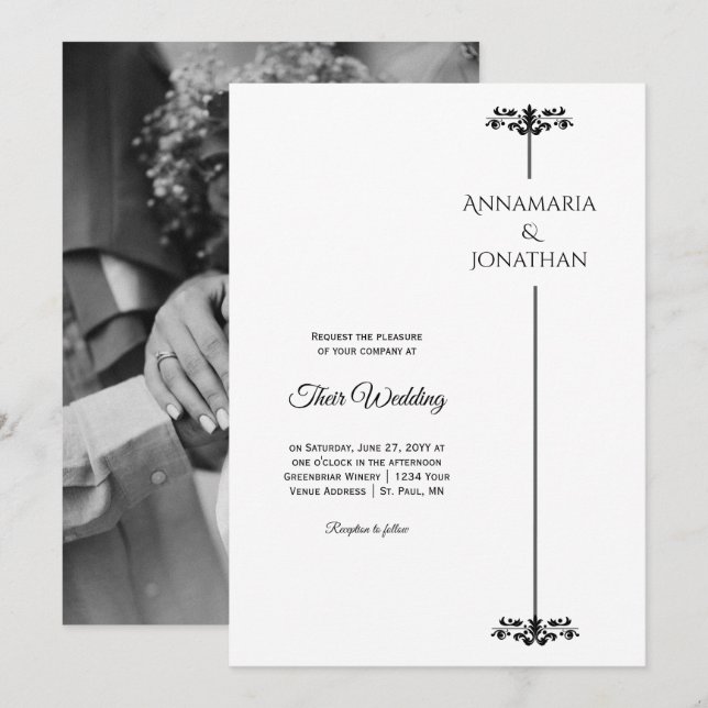 Invitation Black and White Elegant Minimalist Photo Wedding | (Devant / Derrière)