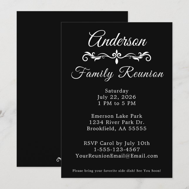 Invitation Black and White Family Reunion Elegant Script  Inv (Devant / Derrière)