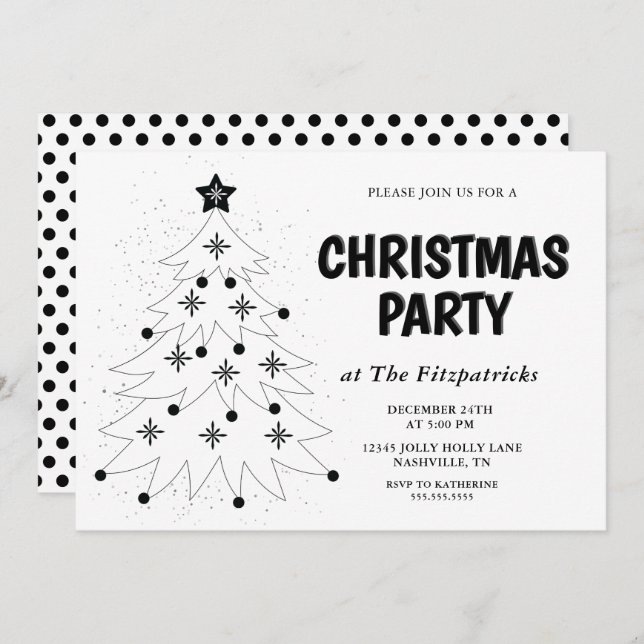 Invitation Black and White Festive Tree Christmas Party (Devant / Derrière)