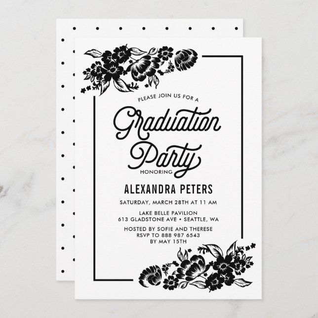 Invitation Black and White Floral Graduation Party (Devant / Derrière)