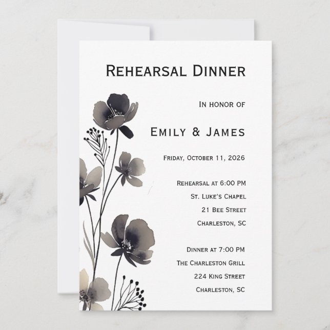 Invitation Black and White Floral Wedding (Devant)