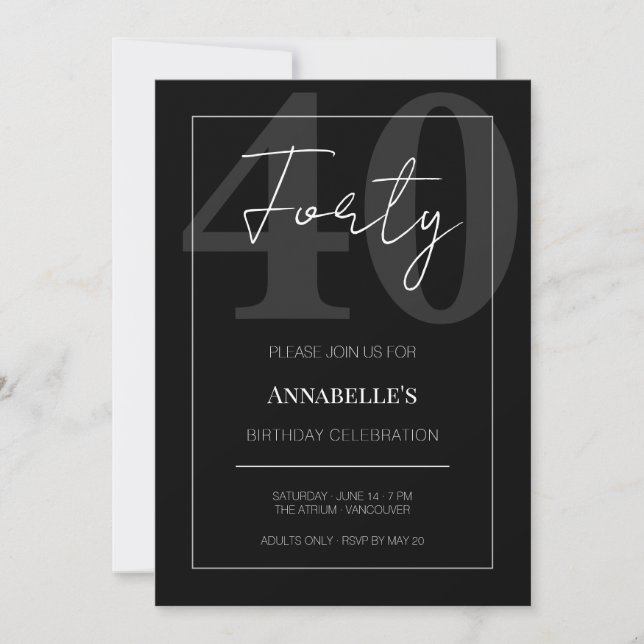 Invitation Black and White Forty 40th Birthday Celebration  (Devant)