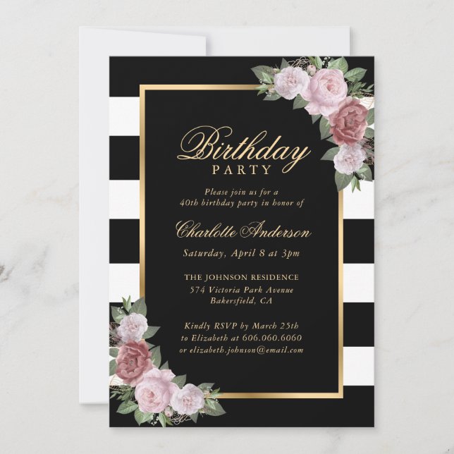 Invitation Black and White Gold Blush Floral 40e anniversaire (Devant)