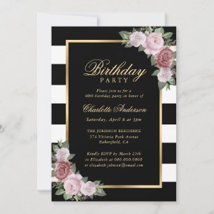 Invitation Black and White Gold Blush Floral 40e anniversaire