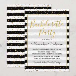 Invitation Black and White Gold Foil Hearts Bachelorett Party