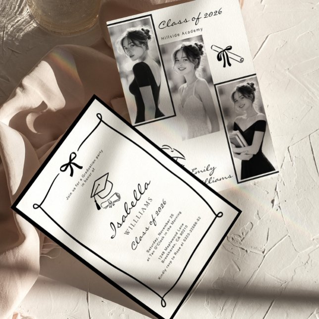 Invitation Black and White Hand Drawn Bow graduation (Créateur téléchargé)