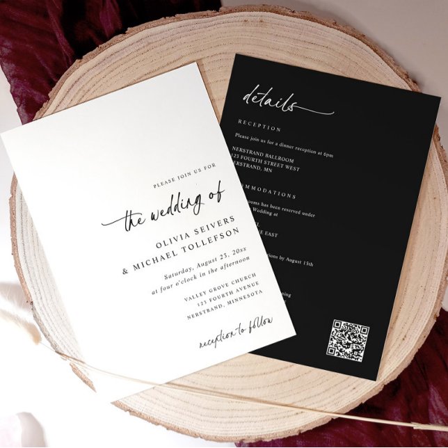 Invitation Black and White Handwriting All in One Wedding (All-in-one wedding invite with modern handwriting script and black back with white text and QR code)