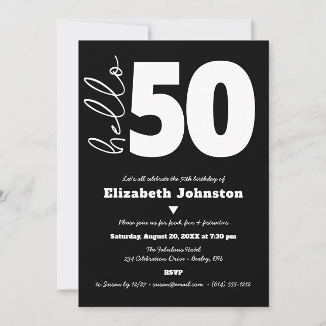 Invitation Black and White Hello 50 Fabulous Birthday Bold (Devant)