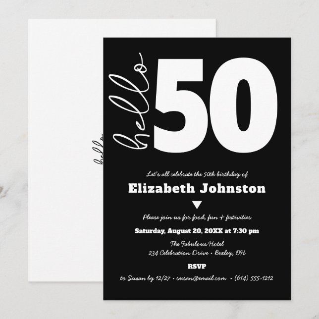 Invitation Black and White Hello 50 Fabulous Birthday Bold (Devant / Derrière)