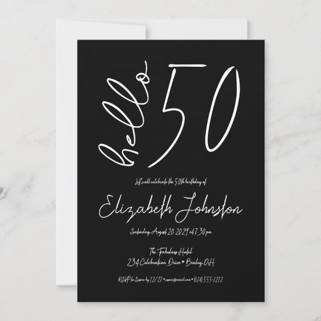 Invitation Black and White Hello 50 Fabulous Birthday Minimal (Devant)