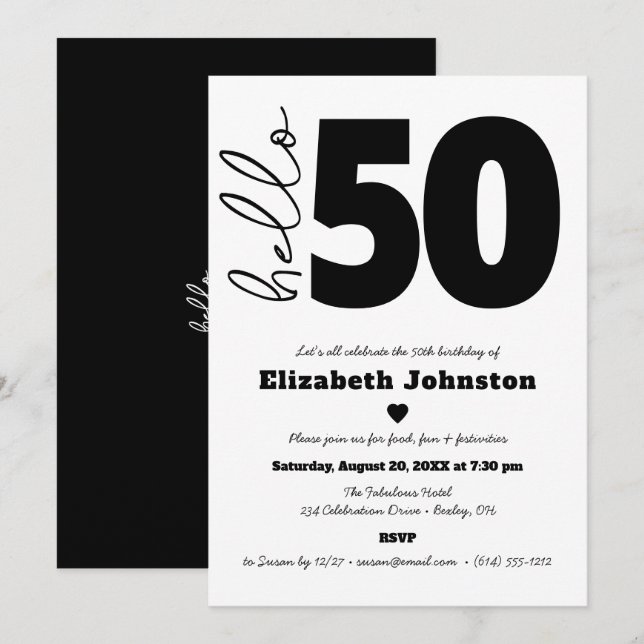 Invitation Black and White Hello 50 Fabulous Birthday Modern (Devant / Derrière)