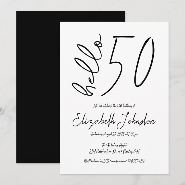 Invitation Black and White Hello 50 Fabulous Birthday Simple (Devant / Derrière)