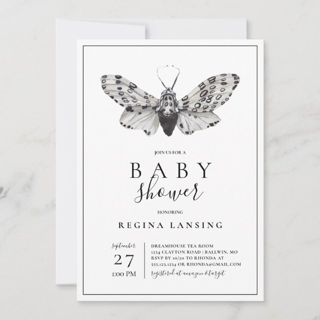Invitation Black and White Love You Moth Baby shower (Devant)