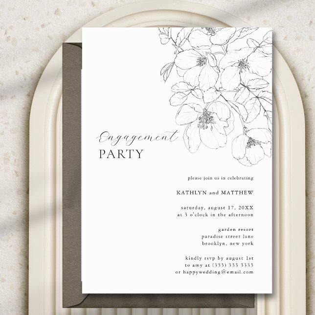 Invitation Black and White Minimalist Floral Engagement Party (Créateur téléchargé)