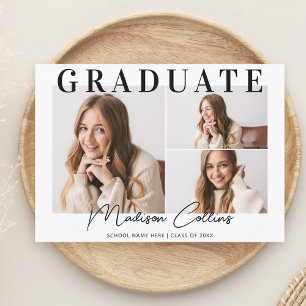 Invitation Black and White moderne 3 Photo Graduation Party