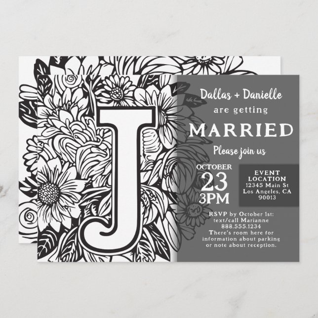 Invitation Black and White Monogram J Tattoo Flowers Wedding (Devant / Derrière)
