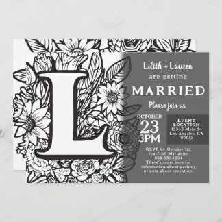 Invitation Black and White Monogram L Tattoo Flowers Wedding