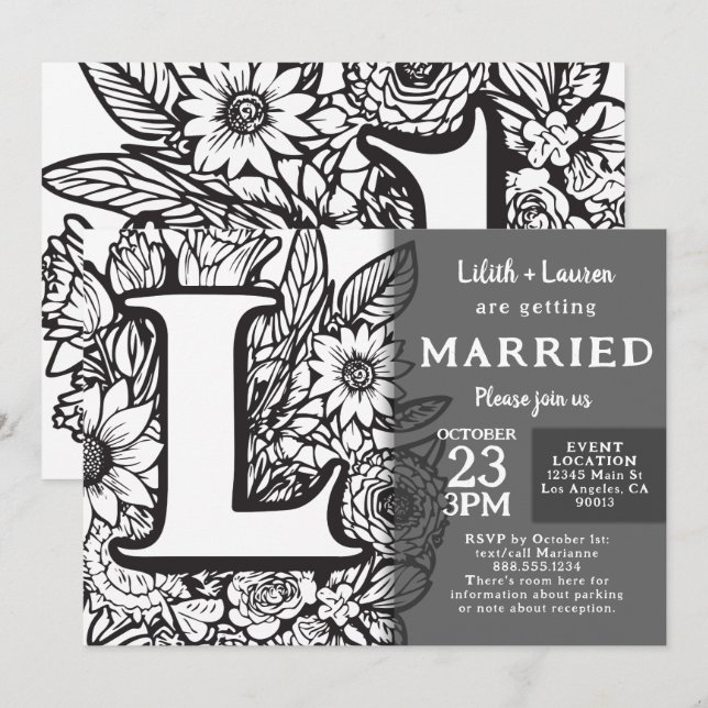 Invitation Black and White Monogram L Tattoo Flowers Wedding (Devant / Derrière)