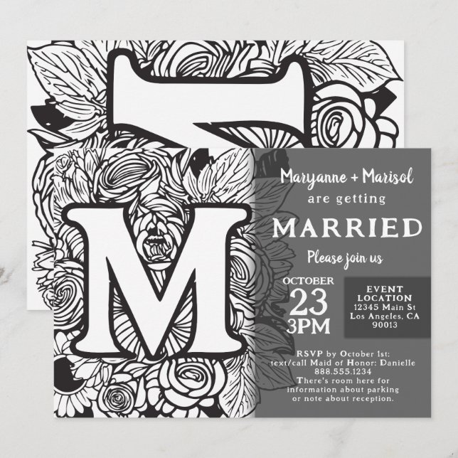 Invitation Black and White Monogram M Tattoo Flowers Wedding (Devant / Derrière)