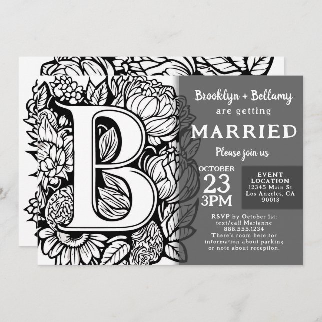 Invitation Black and White Monogram Tattoo Flowers Wedding (Devant / Derrière)