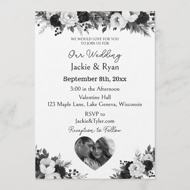 Invitation Black and White Photo Template Botanical  Wedding  (Devant)