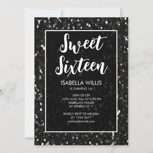 Invitation Black and white sparkles Sweet 16 élégant script (Devant)