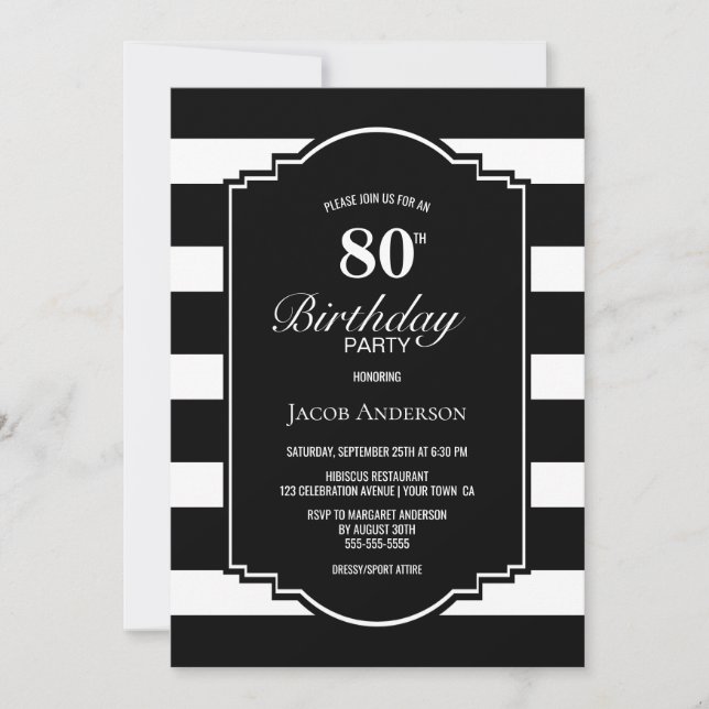 Invitation Black and White Striped 80e fête d'anniversaire (Devant)