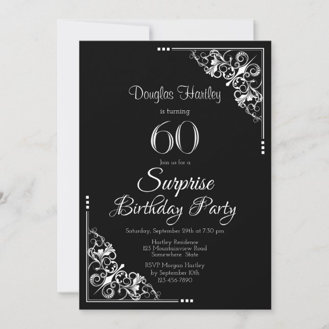Invitation Black and White Surprise 60e fête d'anniversaire (Devant)