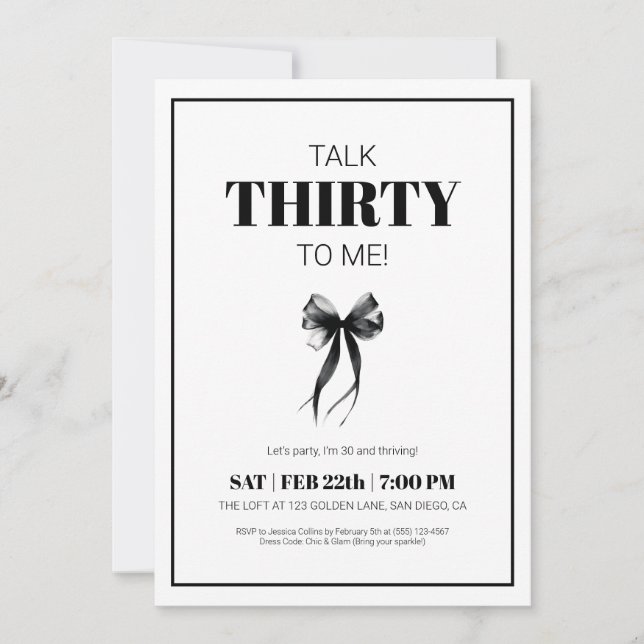 Invitation Black and White Talk 30 to Me Thirty Bow Birthday (Devant)