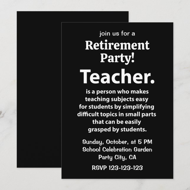 Invitation Black and White Teacher Retirement Party (Devant / Derrière)